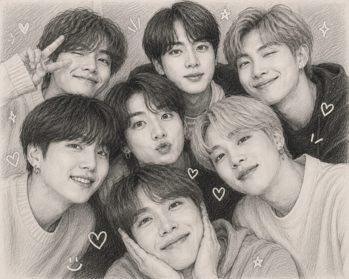 BTS Hand-Drawn Group Portrait Photo Frame (Fan-Made)