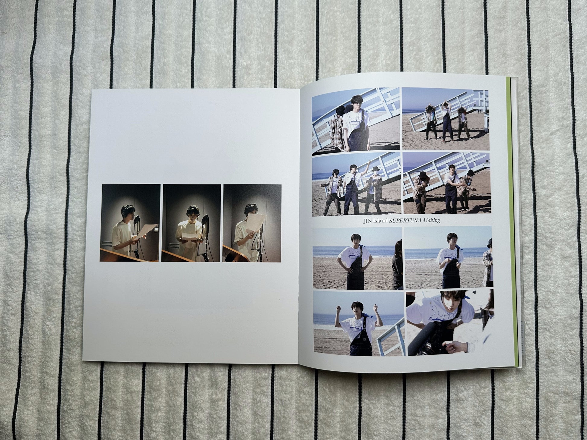 An open printed photo album or booklet laid flat on a gray ribbed fabric surface. The pages contain multiple small photographs arranged in a grid, mostly showing people in light-colored clothing in an outdoor beach-like setting, with one page showing three smaller vertical photos.