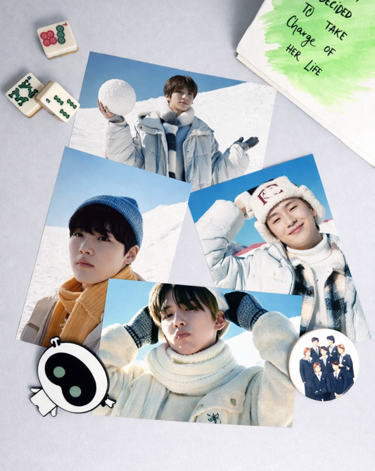 BTS Winter Package 2020 postcards featuring RM Jin J-Hope and Suga