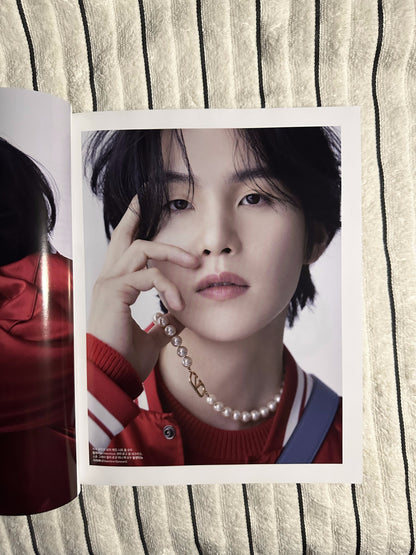 Marie Claire Korea May 2023 ft. SUGA — red jacket close-up with pearl necklace